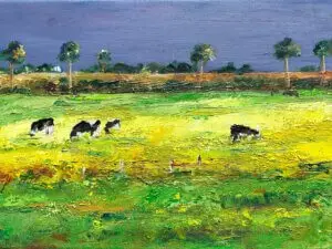 Schilderij Koeien in geel gras